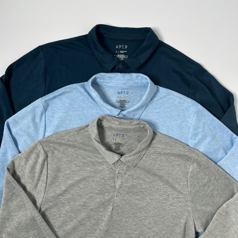 APT. 9 Men's Long Sleeve Polo Shirt Lot of 3 Blue Light Blue Grey Large
